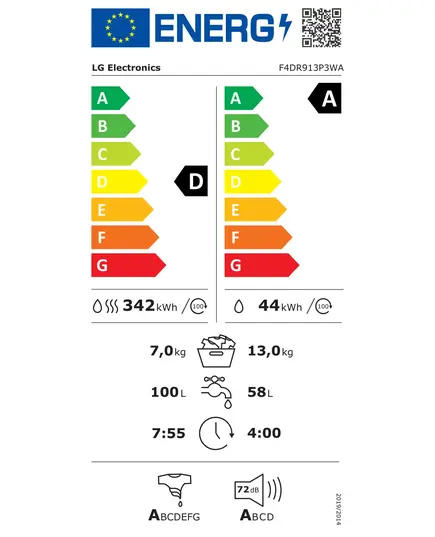 VEĻAS MAZGĀJAMĀS MAŠĪNAS AR ŽĀVĒTĀJU LG F4DR913P3WA 13KG/7KG 61.5CM