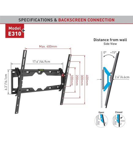 КРОНШТЕЙНЫ ДЛЯ ТЕЛЕВИЗОРА BARKAN E310+.B 29"-65" LENKTAM TV, PAKREIPIAMAS, SIENINIS, JUODAS